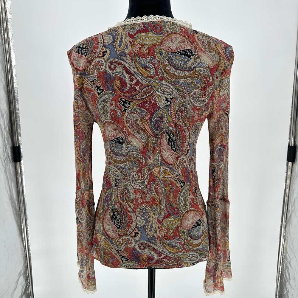 Red Paisley Boho 100% Silk Lace Flare Long Sleeve Sheer Top Whimsy Bohemian M - Picture 5 of 7